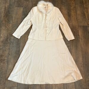 Vintage Neiman Marcus Exclusive Women's Cream 3 Piece Skirt Set Fur Collar SZ 12